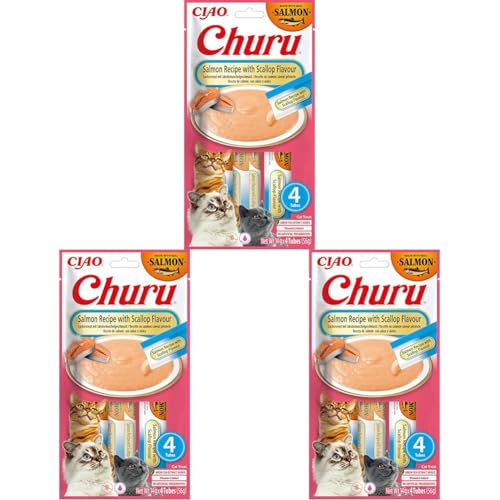 INABA Churu Katzen Leckerlies mit 30% Lachs Jakobsmuschel Reich an Omega 3 Vitamin E Kollagen Nur 12 kcal pro Tube Gesunde Katzen Schleckies aus Japan 56 g 3er Pack
