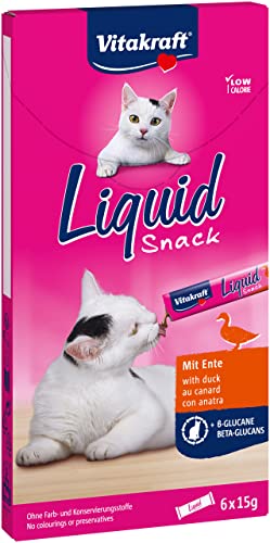Vitakraft Liquid Snack Katzen Leckerli Katzensnack cremig mit Ente und Beta Glucane in einzelnen Sachets verbessert die Immunabwehr 1 Paket mit 6x 15g