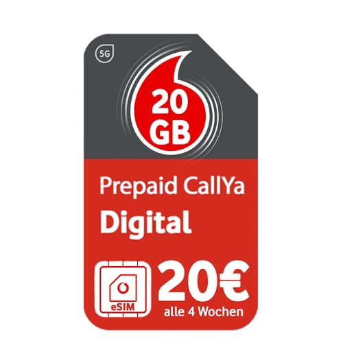 Vodafone Prepaid CallYa Digital eSIM Jetzt noch mehr Datenvolumen - 20 GB statt 15 GB Datenvolumen 5G-Netz SIM-Karte ohne Vertrag 1. Monat kostenlos Telefon- SMS-Flat