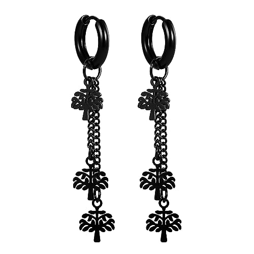 Cupimatch Lebensbaum Ohrringe Schwarz Edelstahl Kleine Creolen mit Ketten 6cm Baum des Leben Hängeohrringe Schmetterling Tropfen Ohrhänger Vintage Hoop Earring Gothic Schmuck für Damen Herren Unisex