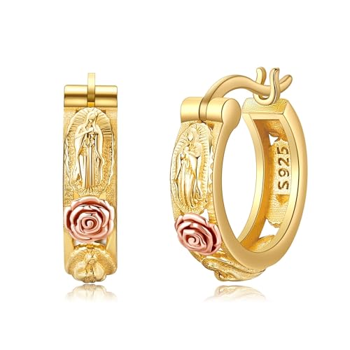 Ohrringe mit der Jungfrau Maria Creolen aus Sterlingsilber 18 Karat Gelbgold Plattiert Ohrringe mit der Jungfrau Maria Unsere Liebe Frau von Guadalupe katholischer Schmuck für Damen