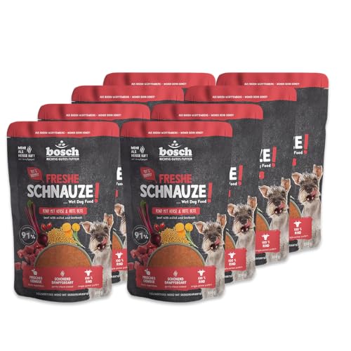 Bosch Freshe Schnauze Rind mit Hirse und Rote Bete 8 x 250 g Schonend Dampfgegartes Nassfutter für Hunde Vollwertiges Alleinfuttermittel mit hohem Fleischgehalt 8 x 250 g Hundenassfutter