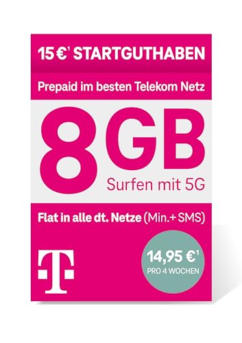 Telekom MagentaMobil Prepaid L SIM-Karte ohne Vertragsbindung 5G inkl. I 8 GB Allnet Flat Min SMS in alle dt. Netze EU-Roaming I Surfen mit 5G LTE Max Hotspot Flat I 15 EUR Startguthaben