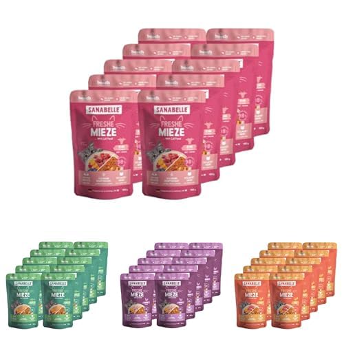 Mix Bundle Sanabelle Freshe Mieze - 4 Leckere Sorten Katzenfutter zum Probieren 40 x 100 g Beutel voll recyclingfähig Dampfgegartes Nassfutter für Katzen Eine Marke von Bosch Tiernahrung
