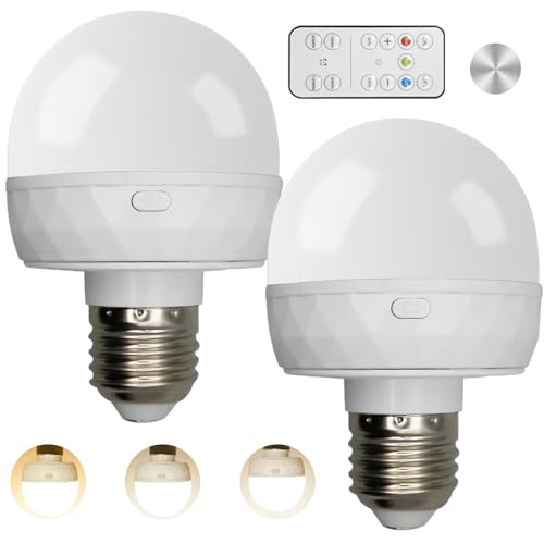 AXVRAV 2 PACK E27 Batterie Glühbirne Mit Fernbedienung Magnetische USB Wiederaufladbare Glühbirne Mit Schalter 3 Farben Dimmbare Warmweiss LED Glühbirne mit Batterie Abnehmbaren Akku Timer