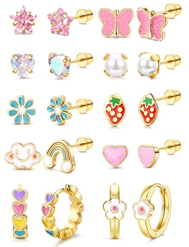 Adramata 10 Paar Ohrringe Mädchen Ohrstecker Chirurgenstahl Creolen Kinder Hypoallergene Süße Schraubverschluss Ohrringe Set für Mädchen Damen Rosa Mehrfarbige CZ Blume Herz Schmetterling Ohrstecker