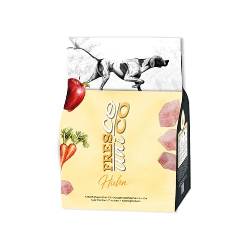 FRESCO Dog Unico Huhn 2 5kg Hundefutter trocken ohne Weizen Extra hoher Frisch-Fleischanteil 66% Gemüse Adult Trockenfutter für Hunde sensitiv Mono-Protein hohe Verträglichkeit