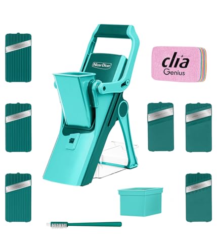 Genius Nicer Dicer Mando Gemüseschneider inkl. Clia Rainbow Putzschwamm 13 tlg Gemüsehobel spülmaschinenfest 6 Klingen Standhobel für Gemüse Obst Vegetable Chopper Mandoline