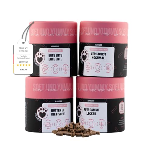 alphazoo Katzensnack Probierpaket 4 x 65 g I Extra softe Katzenleckerlis I Getreidefrei klein zuckerfrei I Als Snack Belohnung I Leckerlies für alle Katzen I Leckerchen mit viel Fleisch