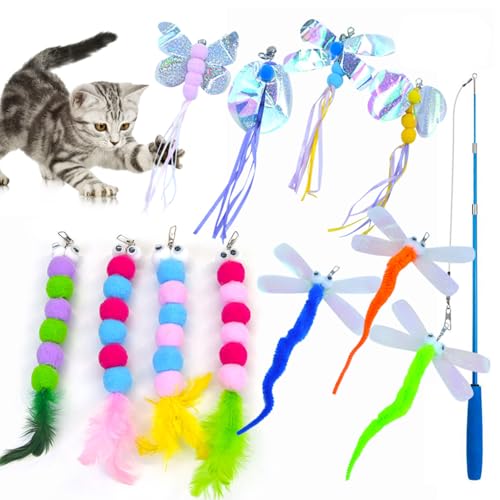 Generisch Cat Fishing Pole Set - Dragonfly Butterfly Raupe Raupe 12pcs Interactive Training Kit mit Hellen Federn Jingles Innenpraxis Unterhaltung für Hamster Meerschweinchen