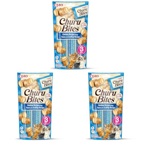 INABA Churu Bites Reich an Hähnchen und Thunfisch Katzenleckerlis Getreidefrei Zuckerfrei ohne künstliche Aromen Katzensnacks Perfekt um Medizin zu verstecken 30 g 3er Pack