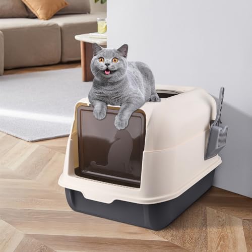 OHMG Katzenklo Katzentoilette mit Deckel Katzenklo inklusive Schaufel ausziehbares Tablett 2 Öffnungen auslaufsicherer Boden