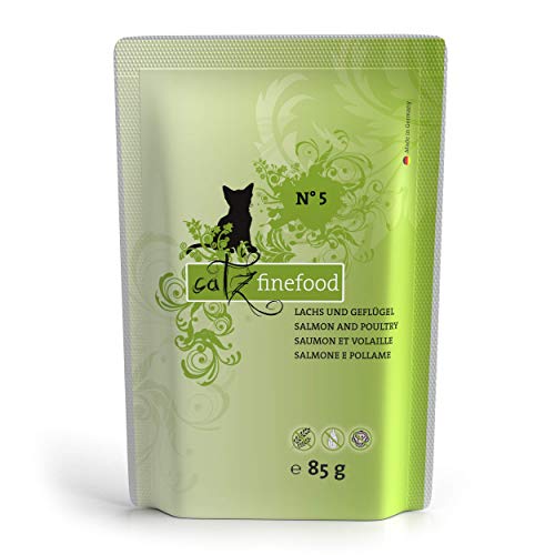 catz finefood N 5 Lachs Geflügel Feinkost Katzenfutter nass verfeinert mit Spinat Tomate 8 x 85g Beutel