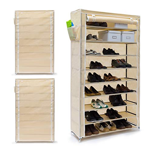 Relaxdays 3 x Schuhschrank Valentin hohes Schuhregal mit Stoffbezug 9 Ablagen Stoffschrank HBT 161 x 88 x 30 cm beige