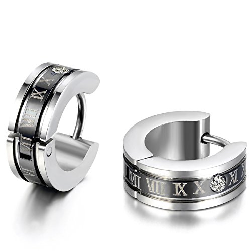 JewelryWe Schmuck Herren Ohrringe Edelstahl Römischen Ziffern Creolen Ohrstecker Schwarz Silber