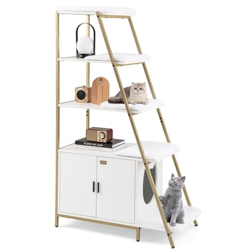 COSTWAY Katzenschrank mit Leiterregal Katzenklo Schrank für Katzentoilette mit abnehmbaren Plüschmatten Eingang Katzenhaus mit Regal für Katzen Hunde Haustier Katzenmöbel Indoor Weiß