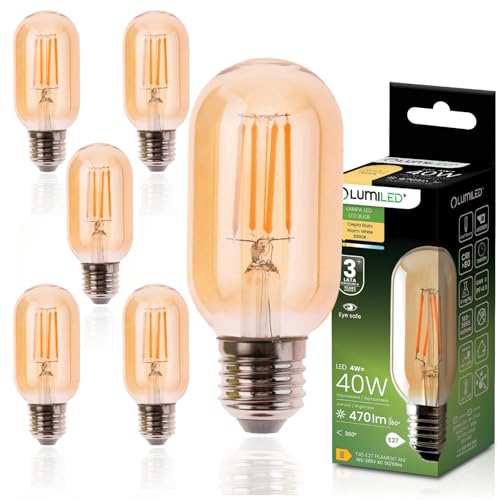 Lumiled LED Leuchtmittel E27 T45 Stabform 4W ersetzt 40W 470lm Warmweiß 2000K Filament Amber 360 Abstrahlwinkel - 6er Pack Dekoratives Licht Vintage Design Energieeffizient