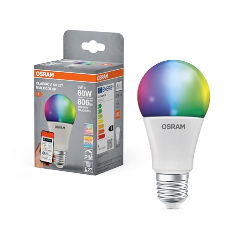Osram SMART RGBW E27 LED-Lampe mit Matter over Wifi speziell entwickelt für ALEXA - einfache Einrichtung per Klick 60W-Ersatz warmweiß bis kaltweiß 2700-6500K 16 Mio RGB Farben 1er-Pack