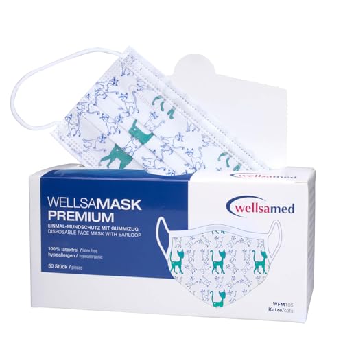 Wellsamed Wellsamask 50 Stück medizinischer Mundschutz Type IIR mit Gummizug mit Motiv Katze