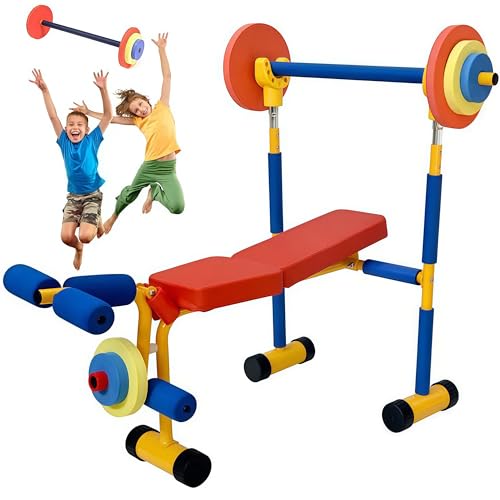 WENNEWU Kinder-Übungsgeräte Gewichtbank Verstellbare Hantel Bank und Beinpresse Lustige Übungs-Spielbank für Kinder im Alter von 3 bis 12 Jahren Krafttraining und Grundlagen für Aktives Spielen