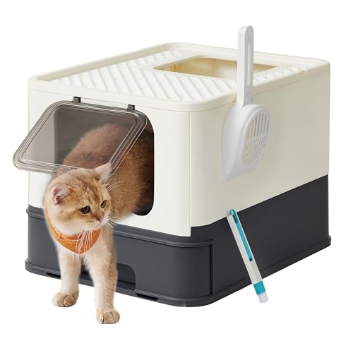 Feandrea Katzenklo Deckel ausziehbares Tablett Schaufel Bürste geräumig für Katzen bis 15kg weniger Spuren auslaufsicherer Boden beige schwarz PPT001W01