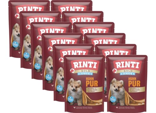 arelf Bundle RINTI-Gold Junior Huhn Pur 12 x 100g Hundefutter feinstückig fettreduziert Alleinfuttermittel Dokas Hühnchen-Rolle gratis
