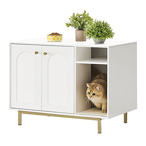 Hzuaneri Katzenschrank Tür separater Trennwand 80x 50x 60 Stabile Katzenschrank Sitzbank Weiß Gold 01503GCLB
