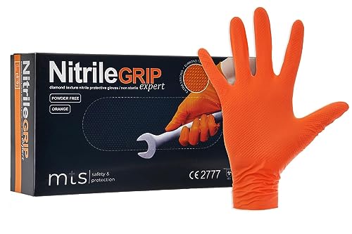 MTS Safety Protection Einweghandschuhe M - 50 Stück Box Nitrilhandschuhe Orange Handschuhe Nitril Diamantstruktur Grip - Einmalhandschuhe Puderfreie Latexfreie Gummihandschuhe M 50 Stück