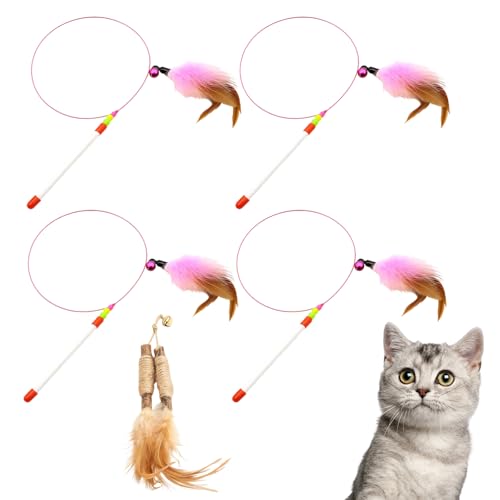 4er Katzenangel mit Federn Set Katzenspielzeug für Erwachsene Katzen Kitten Interaktives Spielzeug für Katzen mit Katzenminze