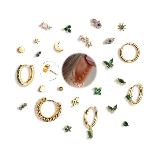 XFSRG Ohrschmuck Set für Frauen 20 Stück Mini Ohrstecker Kleine Creolen in Goldoptik mit Grünen Kristallen Boho Chic Ohrringe zum Kombinieren Stapeln Verschenken