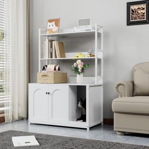 Katzenschrank mit Bücherregal Kratzbaum mit Katzenklo-Schrank Katzenklo Schrank mit 3 Ebenen Eingang 89 x 45 x 132 cm Versteckt Katzenkloschrank mit Tür 3-in-1 Modernes Katzenhaus Indoor - Weiß