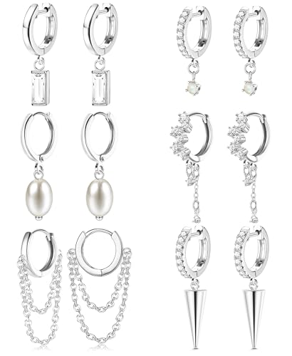 JeweBella 6 Pairs Ohrringe Hängend für Damen Mädchen Set Hypoallergene Creolen mit Cubic Zirkonia Opal Perlen Anhänger Ohrringe Silber Gold Ohrhänger Frauen