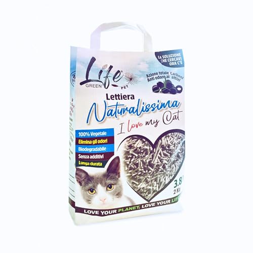 LifeGreen Naturalissima Katzenstreu für Katzen 2 kg Aktivkohle mit Erbsenfaser und Maisstärke pflanzlich biologisch abbaubar klumpend 3 8 l geruchshemmend