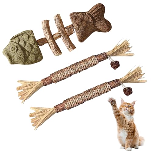 ARYIMYDP 3 Stück Katzenminze Kaustäbchen für Katzen 1x Fischform und 2x mit Matatabi Früchten Dental Care Spielzeug gegen Zahnstein und Mundgeruch Beruhigendes Kauspielzeug zur Stressreduzierung