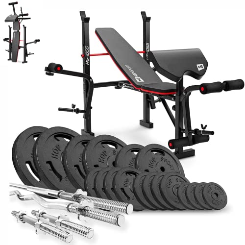 Hop-Sport klappbare Hantelbank HS-1055 mit Curlpult Butterfly und Beincurler - Guss Gewichte 39 kg - 146 kg - Langhantel SZ-Stange Kurzhanteln 146 kg