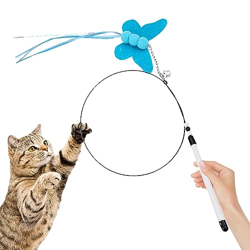 Renywosi Katzenspielzeug für Katzen mit Glöckchen interaktives Spielzeug mit Schmetterlingen Kitten Toys Angelrute für Katzen mit Glöckchen lustiges Übungsspielzeug aus flexiblem Stahldraht