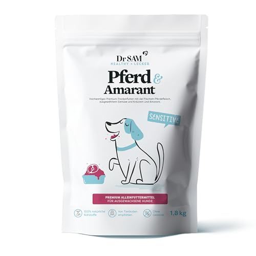 Dr. SAM Premium Trockenfutter für ausgewachsene Hunde - Pferd Amarant Alleinfuttermittel mit Kräutermischung - ideal bei empfindlichem Magen - Gluten- und getreidefrei - Dry Dog Food - 1 8kg