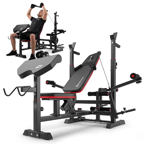 Hop-Sport Hantelbank Multifunktionale Trainingsbank für Zuhause mit Butterfly Beincurler Curlpult Verstellbare Langhantelständer 270 kg Max. Belastbarkeit der Hantelbank