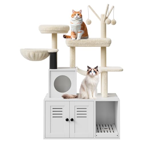 Mehrstufiger Katzenklo-Schrank Aus Holz Mit Kratzbaum Katzenhöhle Versteckte Katzentoilette Möbel Sisal-Kratzsäule Kuschelplatz Katzenbaum Für Wohnungskatzen