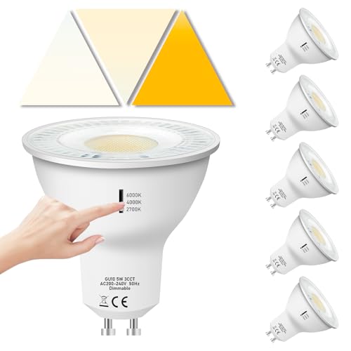 Jaenmsa GU10 LED Dimmbar Lampen 5W 500LM Warmweiss 2700K Neutralweiß 4000K Kaltweiß 6000K 3 Farbtemperatur Einstellbar Led spot 230V Led Glühbirnen Leuchtmittel 6er Pack