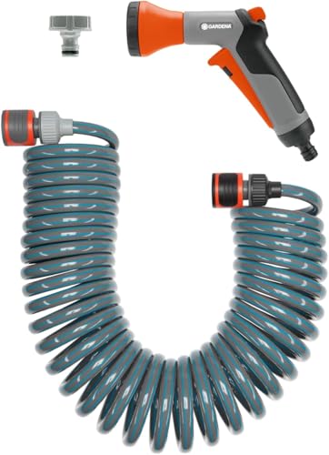  4647 Spiralschlauch Komplett Set automatischer Schlauchrückstellung Bewässerungsbrause und Hahnverbinder Schlauchlänge 10m Schlauchdurchmesser 9mm Set Ja