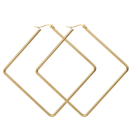 Flongo Geometrische Ohrringe Damen Gold XXL Groß Edelstahl Quadrat Viereck Creolen Statement Ohrhänger Minimalist Modern Modeschmuck Geschenk Geburtstag Party Alltag Freundin Ehefrau