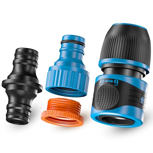 GRÜNTEK 3-TLG Schlauchverbinder-Set Schnellanschluss-Konnektoren und Adapter-Set zur Verbindung von Gartenschläuchen Rasensprenger Bewässerung Reinigung Quick-Fix Connector mit Schlauchschutz