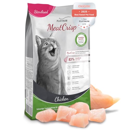 PLATINUM - Katzenfutter MeatCrisp Sterilised Chicken aus dem Frischfleischtrockner - 1 5kg Trockenfutter für Katzen mit 83% Frischfleisch - Crispy Biss - reduzierter Kaloriengehalt