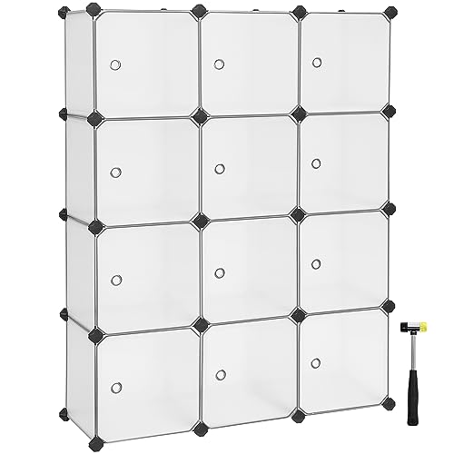 SONGMICS Regalsystem Schuhregal Set aus 12 Würfeln Kleiderschrank aus Kunststoff mit Türen Steckregal Aufbewahrung von Kleidung Schuhen und Büchern einfache Montage weiß LPC342W01