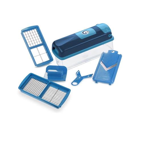 Genius Nicer Dicer Smartüseschneider 6 tlg.üsehobel Küche Schneider für Reiben Würfeln Salatschneider Obstschneider Zerkleiner manuell 800 ML Behälter blau