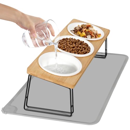 Otauoaea Katzennapf Erhöht -3er Set Futternapf Katze aus Keramik mit Napfunterlage Silikon Ergonomischer Futterstation 15 gekippte Katzen Hundenapf Fressnapf und Wassernapf für Katzen und kleine Hunde