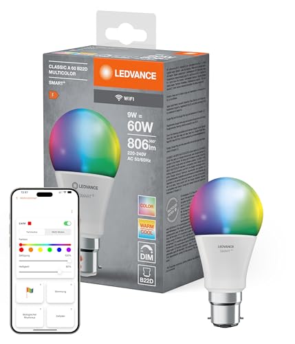 LEDVANCE Smarte Lampe mit WiFi Technologie für B22d Sockel matte Optik RGBW Farben änderbar Lichtfarbe änderbar 2700K 6500K 806 Lumen Ersatz für herkömmliche 60W Leuchtmittel 1 er Pack