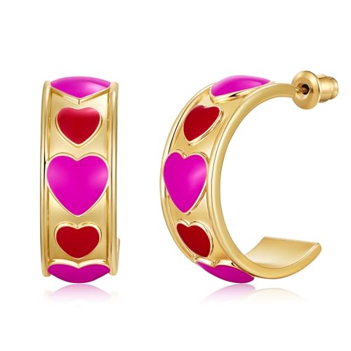 LILIE WHITE Valentinstag Ohrringe Creolen für Damen Goldfarbene Herz Ohrringe mit Rosa und Rot Hypoallergen Farbecht Geschenk für Geburtstage Jubiläen Hochzeiten Alltag