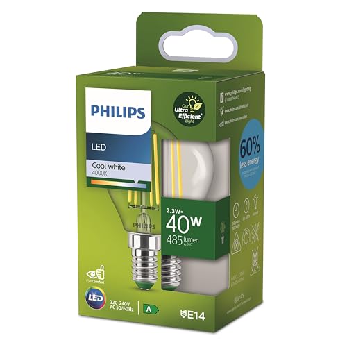 Philips Classic ultraeffiziente LED-Lampe mit Energieeffizienzklasse A ersetzt 40W Tropfenform E14 Sockel Klar neutralweißes Licht 4000K neue Generation Neutralweiß